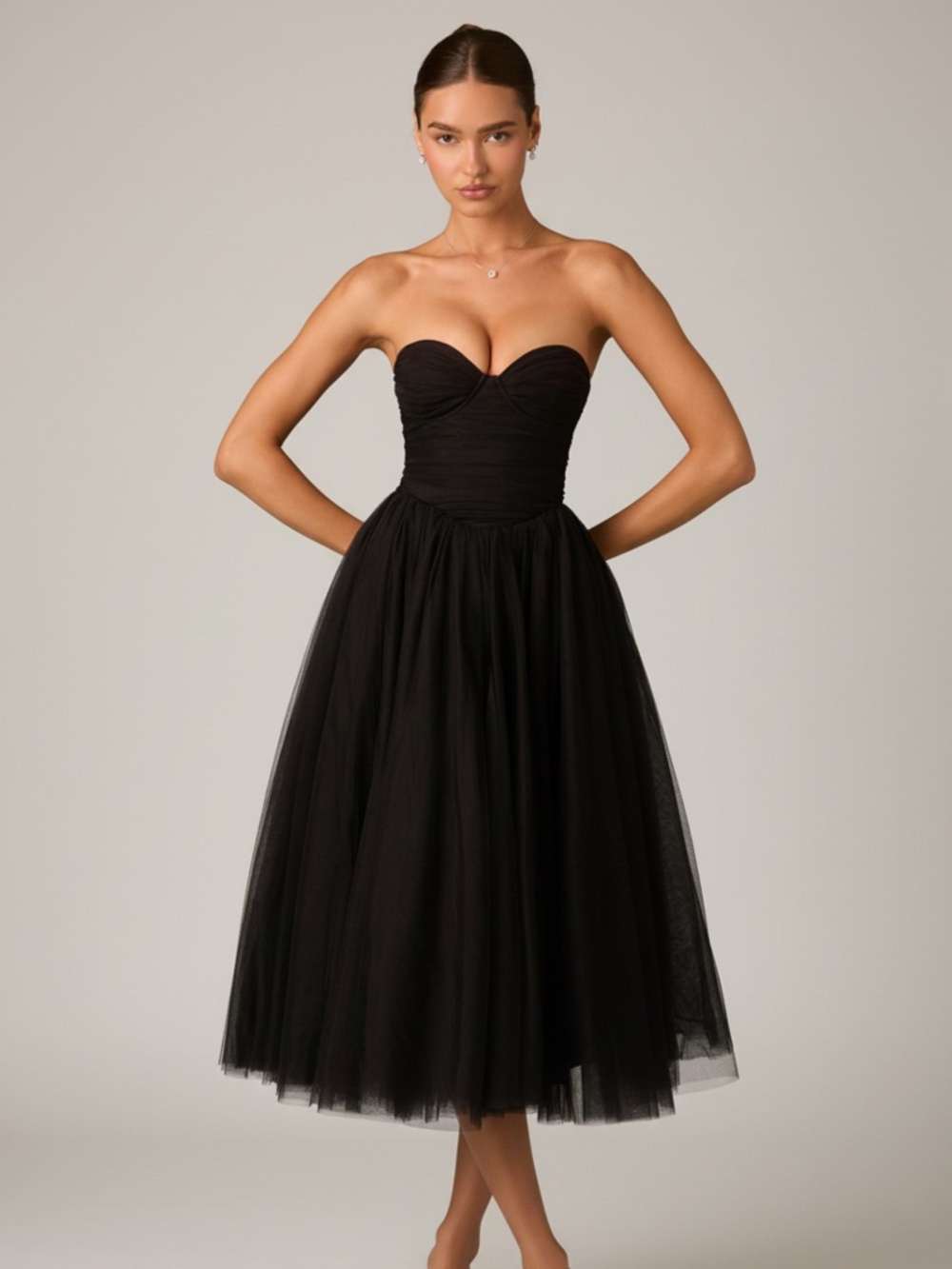Oh Polly Tulle Corset Midaxi Dress in Black 6 / Regular
